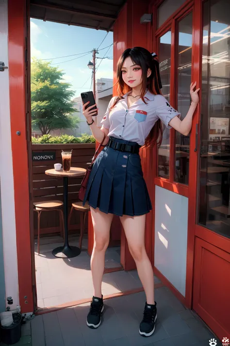 adorable young woman, standing posed, holding a smartphone, in front of cafe, BREAK, ( swept-side bang, long hair, half updo, black hair, orange-brown streaked hair, orange-brown hilighted hair, orange-brown ombre, 2 colored tone hair), BREAK, ( white 3/4 ...