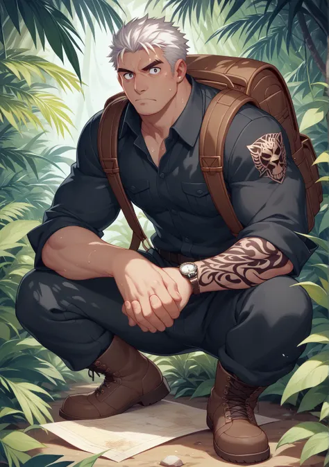 Black Panther,Best quality , Ultra High Resolution  ,30 years old, Delicate Eyes , arm white ring tattoo,White Tattoo ,5 fingers ,White Paws ,Handsome,由null-ghost,Takemoto Arashi, Handsome,delicate face,alone,jungle,explorers, Black Skin,Right hand holding...