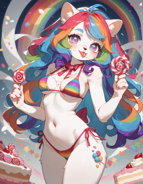 One Furry female , Sexy, mystical candy land, candy, blushing, standing on cake desserts, (( candy bikini)) candy clothes, medium breast, flowy hair, rainbow hair, rainbow eyes. Holding desserts, holding candy, licking cream off of hand, tongue out