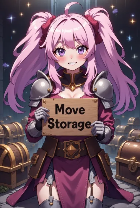 A beautiful young woman with long, wavy twin-tail hair wears a pink and white bohemian warrior outfit. She holds a brown wooden sign with the text "Move Storage" and presents it to the viewer. Behind her, numerous treasure chests are scattered, enhancing t...