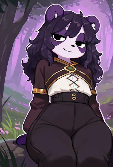  better quality  , very deхвостed illustration , ( Anthropomorphic fluffy purple panda boy:1,7),  purple fur ,  black eyes ,  disheveled wavy hair  ,  seductive look  ,  thin waist,  wide hips, ber style , Cute,  fantasy clothing ,  dark clothes,  long adv...