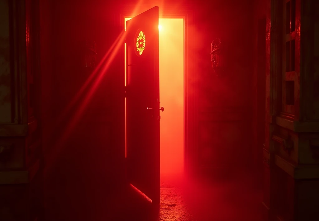 A cinematic wide shot of a the entrance of a gothic mansion, open door handle as pushes it.
The mood and vibe are red and yellow hellish, with the neon red and yellow lights casting dramatic shadows on the mansion’s exterior. The reddish smoke swirls aroun...