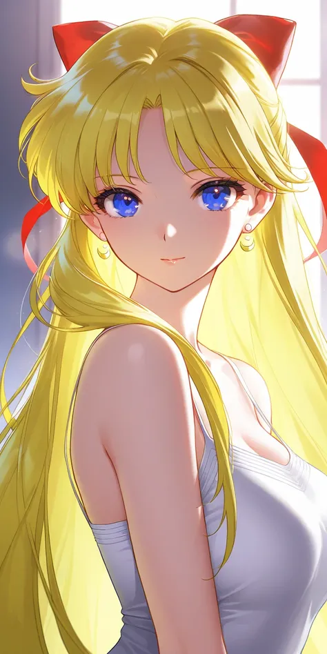 Masterpiece, elegant mature woman, minako aino, straight long hair, yellow hair color, wearing a red ribbon behind the head, tall body, camisole, upper body, dynamic lighting, ultra detailed, highres, absurdres, home,  sailor moon style, stunning visual cg...