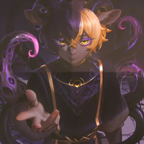 Goat eldritch being, goat eyes, gold eyes, thick purple lashes, goat pupils, curly black hair, blonde streaks, shadow tentacles, pale brown skin, man, masculine, black silk Greek clothing.