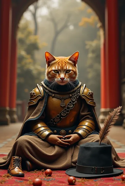  The hero of the fairy tale, cat in boots, sits in the temple of Buda in a lotus position and in armor. Around a stick of incense . There are boots next to the cat .  And there is a hat like a marquis with a feather 