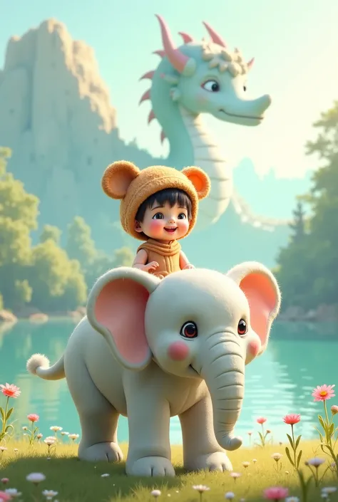 A small  wearing a bear cap is riding on the white elephant near the lake and dragon in background 