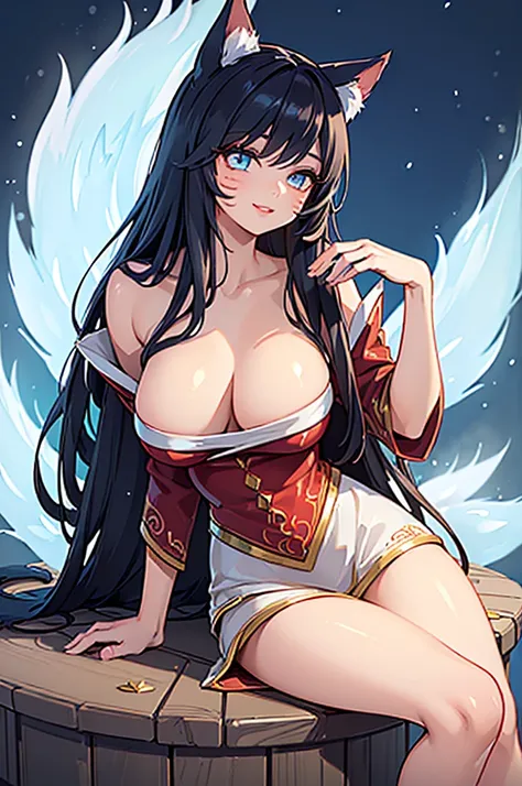 (best quality,ultra-detailed,realistic:1.37),Ahri,spa,luxurious,relaxing atmosphere,beautiful detailed eyes,beautiful detailed lips,smiling,bathrobe,sitting upright,black hair,nine white tails,peaceful background,portraits,vivid colors,soft lighting,tranqu...