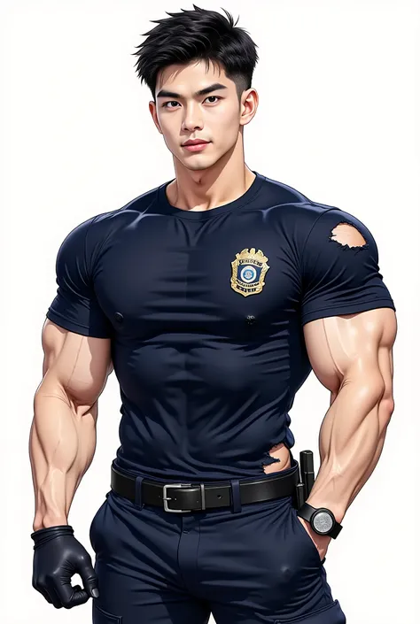 Anime style illustration showing a man with short black hair cut short, wearing a navy blue short-sleeved crew neck t-shirt with a police logo, navy blue cargo pants, black gloves, (((and a torn shirt more point on his body.)))