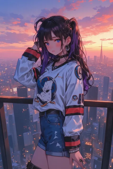 Full shot, general view, beautiful young girl holding her head with both hands. break/, accessory: chain, bracelet, Finger ring, earring break/Detail: she has long black and purple and blue hair 1.2,
break/Clothing detail: she wears a headband on her foreh...