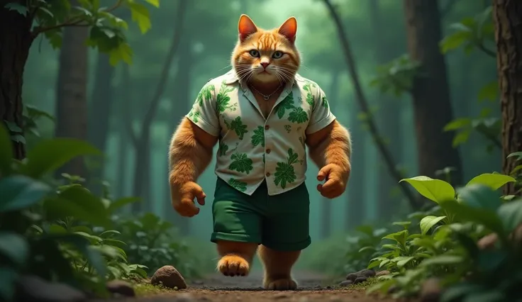 In cinematic 3d realistic style""A muscular bodybuilder cat wearing white colour shirt with green flower printed shirt and green pants. The cat is strong, with noticeable muscles, musicular arms,six pack abs,cat walking in  the field of greenary forest ."i...