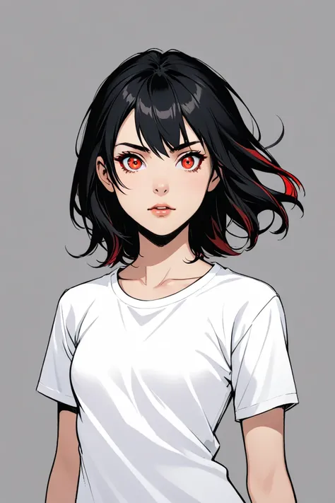 Black hair, red eyes, white shirt, small breasts, girl