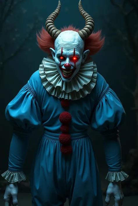 A horned clown with red eyes and blue clothes