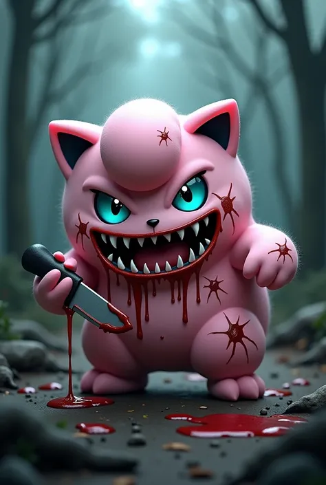 Create an extremely realistic image of a terrifying jigglypuff, its gaze is frightening and its smile is also frightening, its body has scars from knife cuts, with blood dripping from its mouth its mouth is full of sharp teeth, the creature holds a knife w...