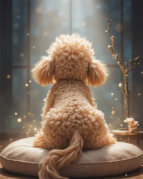  top quality、 Masterpiece、 light brown toy poodle 、Back view、sleep、long bushy tail、Fluffy fur、big cushion、gentle light、 view from behind、 by Nomi、Realistic、