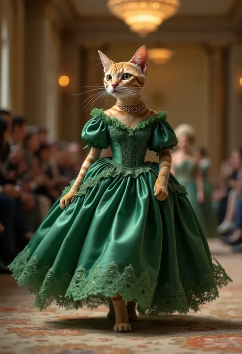 Create me a cat with anthropomorphic manners , dressed and parading at Fashion Week with a green Bridgerton English dress