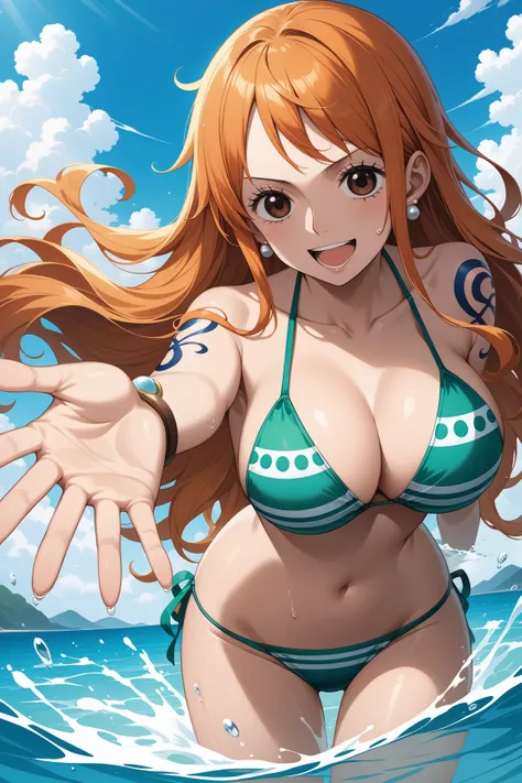 (masterpiece, best quality, very aesthetic, ultra detailed), intricate details, 4k, aanami, long hair, orange hair, earrings, brown eyes, shoulder tattoo, breasts, collarbone, bare shoulders, cleavage, striped bikini, green bikini, bracelet, partially subm...