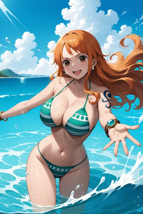 (masterpiece, best quality, very aesthetic, ultra detailed), intricate details, 4k, aanami, long hair, orange hair, earrings, brown eyes, shoulder tattoo, breasts, collarbone, bare shoulders, cleavage, striped bikini, green bikini, bracelet, partially subm...