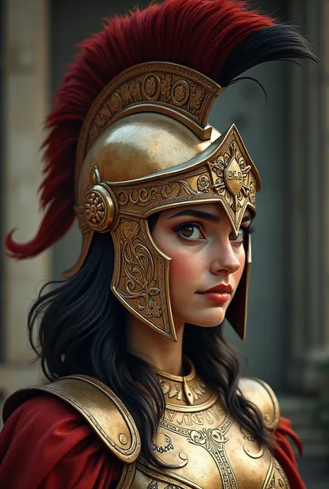 Une femme porte un casque grec antique détaillé et orné, réalisées avec des gravures et des designs complexes inspirés de la mythologie grecque. Le casque est en bronze poli, avec un panache majestueux orné de crins de cheval teints en un rouge profond ou ...