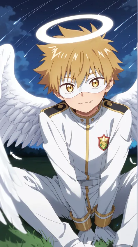 Full pure White hero masked men anime, solo,white angel uniform,white hero mask,white eye mask,gloves,angel,1boy,mysterious grin,fang out,male focus,big white angel wing,angel halo,golden eyes,night sky clouds heaven background,inuzuka shuu, blonde,male fo...