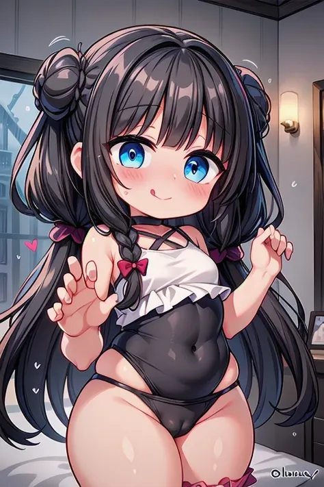 thick thighs, very blushing, nervous, embarrassed, black hair, glowing eyes,(loli:1.6), showing belly, thick thigs, white sleeveless camisole, very blushed happy, glowing eyes, blue eyes, happy, smile, Muy sonrojada, white sleeveless camisole, smile, thick...