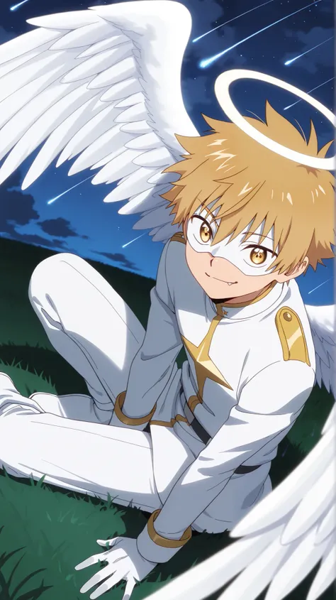 Full pure White hero masked men anime, solo,white angel uniform,white hero mask,white eye mask,gloves,angel,1boy,mysterious grin,fang out,male focus,big white angel wing,angel halo,golden eyes,night sky clouds heaven background,inuzuka shuu, blonde,male fo...