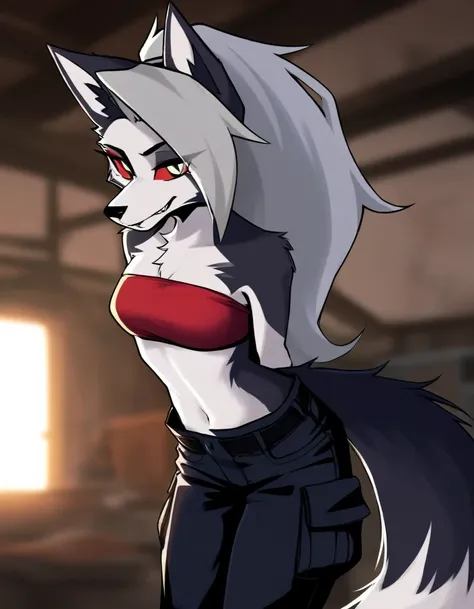  masterpiece,best quality,amazing quality,very aesthetic,high resolution,ultra-detailed,absurdres,newest,scenery,depth of field,volumetric lighting, bandeau, cargo pants, workshop, solo, 1girl, tail, cute girl, anthro_furry, close up,Loona Hellhound_\(Hell...