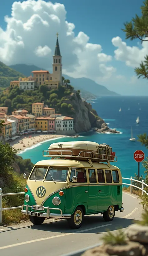 A vintage two-tone green and beige Volkswagen camper van winds its way through a detailed landscape. The van has a large roof rack with luggage strapped to it, indicating that it is on a road trip. White metal railings are on the right side of the road, an...