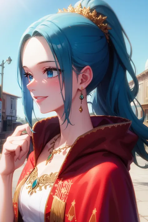 masterpiece, ((ultra detailed background, delicate pattern, intricate detail)), (highly detailed, fine details), best quality, beautiful lighting, (portrait), NefertariViviV3, 1girl, long hair, blue hair, solo, jewelry, earrings, ((red cape, white dress, s...