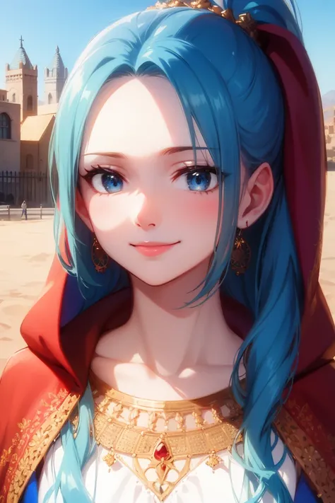 masterpiece, ((ultra detailed background, delicate pattern, intricate detail)), (highly detailed, fine details), best quality, beautiful lighting, (portrait), NefertariViviV3, 1girl, long hair, blue hair, solo, jewelry, earrings, ((red cape, white dress, s...