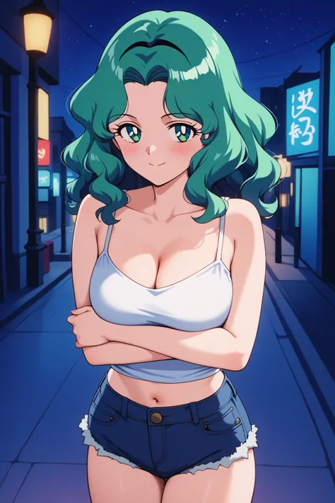 masterpiece,best quality,{{detailed beautiful face and eyes}}, very detailed background,
Michiru Kaiou,{{{megami magazine}}},medium hair,green hair,wavy hair,forehead,green eyes,medium breasts,
camisole, bare shoulders, cleavage, crop top, cutoffs, denim s...