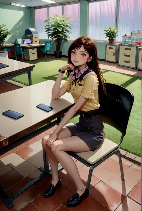 adorable young woman, sitting posed, in office, garden, BREAK, ( forehead, long hair, dark-brown hair) , BREAK, ( cream-yellow short sleeves shirt, black-gray pencil mini skirt with belt, black cutshoes, red cross body bag), BREAK, (1girl, solo, full body)...