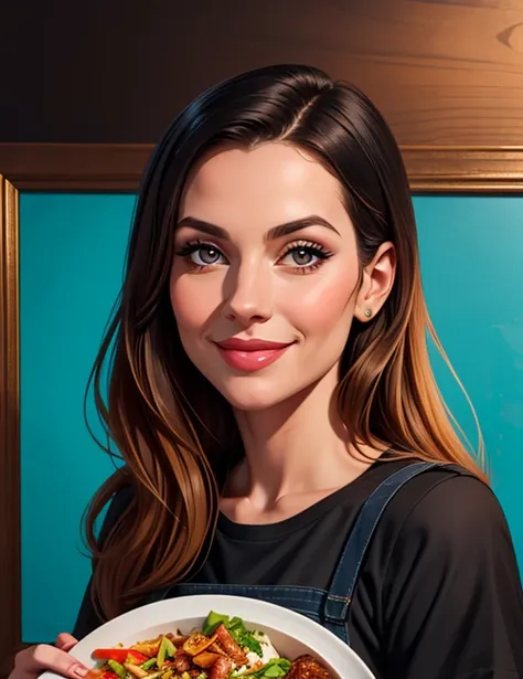 smiling woman with a black shirt and blue apron holding a plate of food, side centered painted portrait, by Nándor Katona, nft portrait, # 1 digital painting of all time, #1 digital painting of all time, cartoon portrait, centered painted portrait, digital...