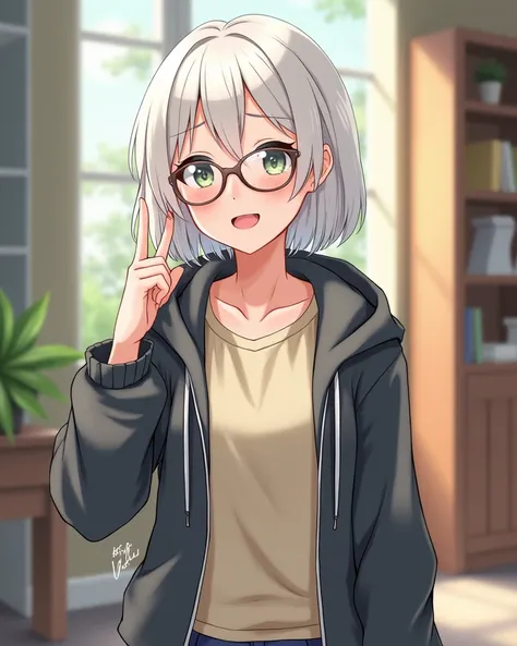 A normal girl, short-haired extrovert(white),  normal volume, wear glasses and , Common clothing age 19 :Regarding Miku Nakanano
