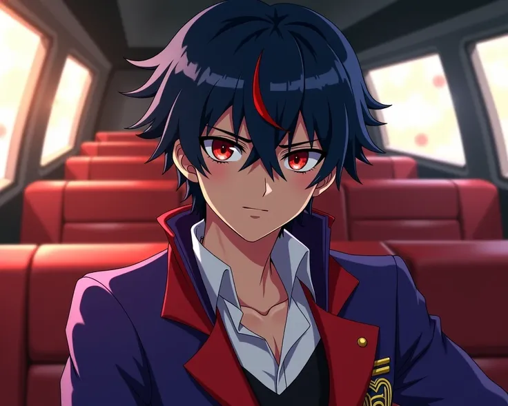 ( oeuvre d&#39;art,     maximum quality  ,  best quality, Official art,   beautiful and very very aesthetically threatening charismatic powerful 
muscular :1.2) 2 Inazuma Eleven OC boy with dark blue hair, two red locks that fall on his face and threatenin...