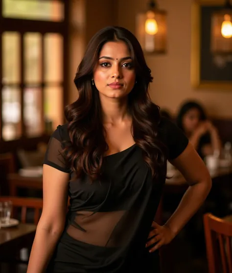 A dazzling shot of a woman with long dark brown hair standing, a black saree in a nicely warm and cozy lit cafe. Her eyes are wide open, and her lips are pink. and the woman's hair cascades over her shoulders,malavikam