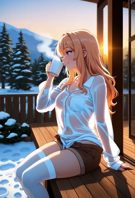 ( masterpiece,  highest quality ), 1 girl , pechos pequeños, Loose shirt, transparent shirt,Breasts against the light, panties over the waist , tall white stockings, shorts, open pants, sitting on the terrace ,  in profile, Tomorrow,Snow melting in the sun...