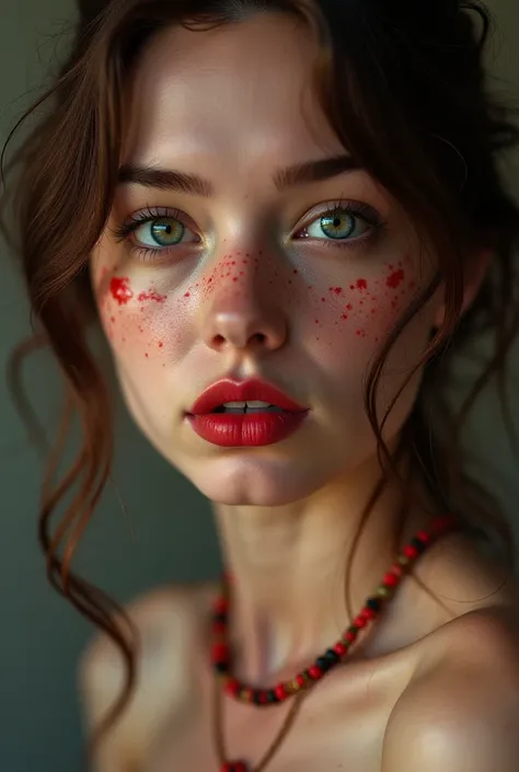 a close up of a woman with a necklace on, 5 0 0 px models, porcelain skin, red mesh in the facede, infp girl, young beautiful woman, devotion to the scarlet woman, red birthmark, an olive skinned, focus on pursed lips, freya, gaunt cheeks, false color