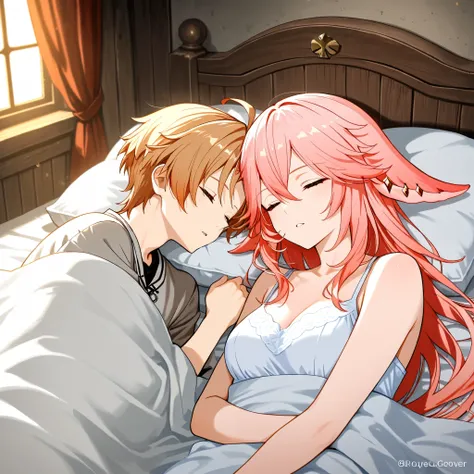 Love couple, Yae Miko and Rudeus Greyrat, sleeping in one bed together, medieval room in background, masterpiece, best quality, High resolution