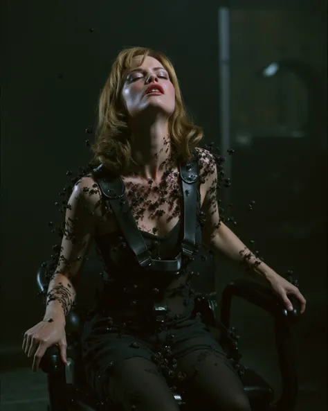 Jill Valentine is restrained in a chair、 tortured by countless bugs。
 she is screaming in so much pain。
Countless bugs surround her 。incontinence
Expression of agony ，live-action