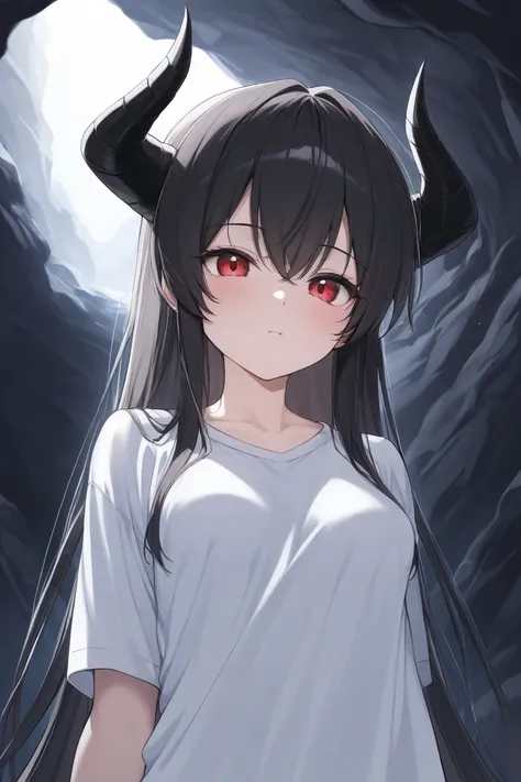 Black hair, red eyes, white shirt, small breasts, girl, long hair, black horn, cave