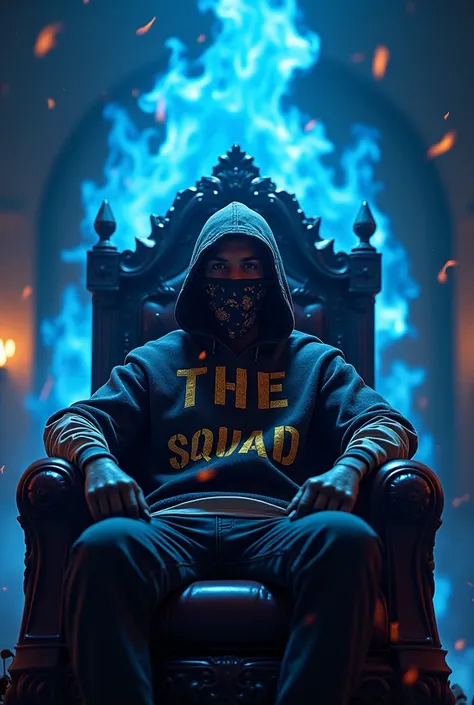 from the beginning, the background should be from a huge FREE FIRE inscription with a burning blue flame, then a character from the free fire game, but his face can't be seen from behind the hood and he's wearing a bandana and his clothes say The Squad, he...