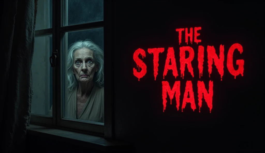 "A dark, eerie apartment window at night with an old woman’s ghostly, pale face peering out. Her eyes are wide and unblinking, giving a spine-chilling effect. The background is dimly lit, with faint shadows adding to the mysterious and unsettling atmospher...