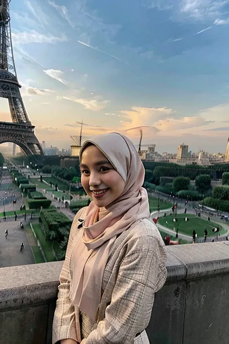 Young Indonesian woman standing wearing a hijab behind the Eiffel Tower,  bright lighting , Smiling face, very detailed full body (1:1)