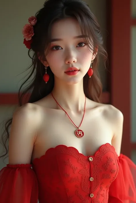 A korean young woman wearing red tube dress and  color dark brown hair and a necklace which have a pendant with AIOUNE