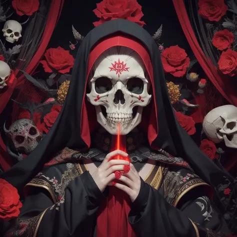 Day of the Dead , A hooded skull with a red silk cloak and a flower on its head 、頭に花をつけたフード付きの skull bones,ファンタジーの skull bones,   scary detail color art  ,  scary color art 4K , 神聖な skull bones, Invoke Hallucinatory Backgrounds ,  Vector art by  ,  skull b...