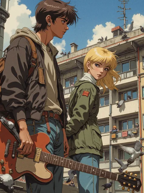 brown-skinned boy, fourteen years old , with dark brown hair and brown eyes, with an ear piercing, in a sweatshirt, jeans and black jacket, with a guitar and a girl about thirteen, with blond hair and brown eyes, in a short green windbreaker, turtleneck an...