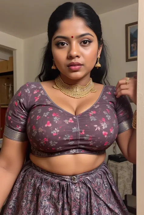 Tamil dark black skinned chubby aunty in saree, full body, hot mature face, perfect anatomy 