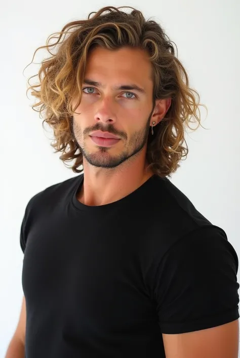 male model, 1, 90 meters , extremamente beautiful e sexy, Chest-length hair, curly, With curls and blonds,  Thick lips,  striking eyes , seductive, beautiful, masculine, strong.  muscular body .  wearing a black T-shirt.  white background. 