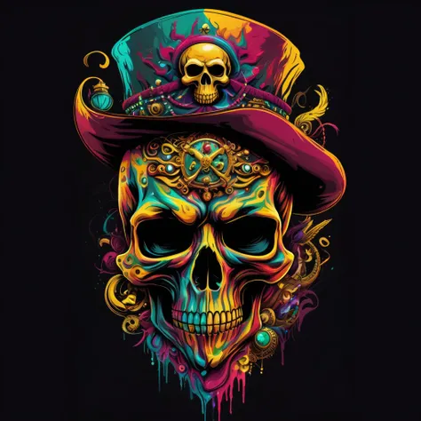  printable t-shirt art vectors 、 colorful graffiti illustrations 、Masquerade、 A web of yellow pirate skulls and hats adorned with precious rubies and emerald jewels、Skull beard adorned with yellow diamonds ,   pieces of beautiful stone jewelry  ,  front vi...