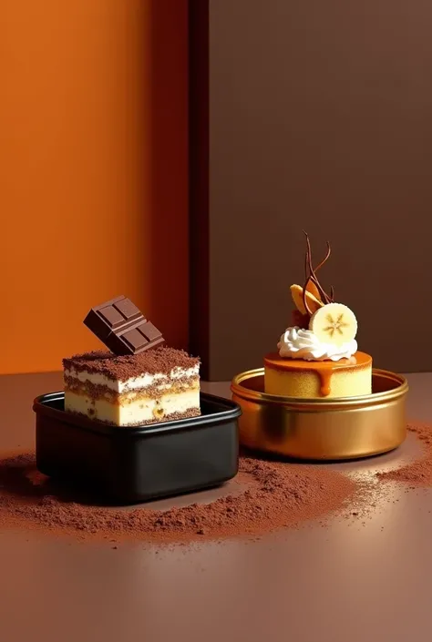 poster of tiramisu in a square black alluminium dessert box with chocolate bar, cocoa powder around it. And banoffee in a circle gold alluminium dessert box with splash of caramel sauce, cream, banana slice on top. chocolate and orange color in a half stud...